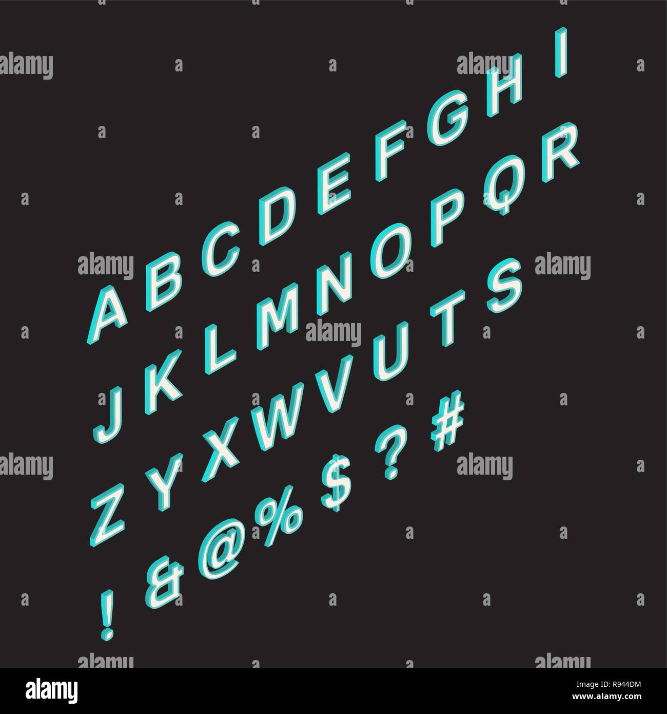 Alfabeto isometrica.3d un font su sfondo scuro. Simboli e segni. Una illustrazione vettoriale in tridimensionale stile. Illustrazione Vettoriale