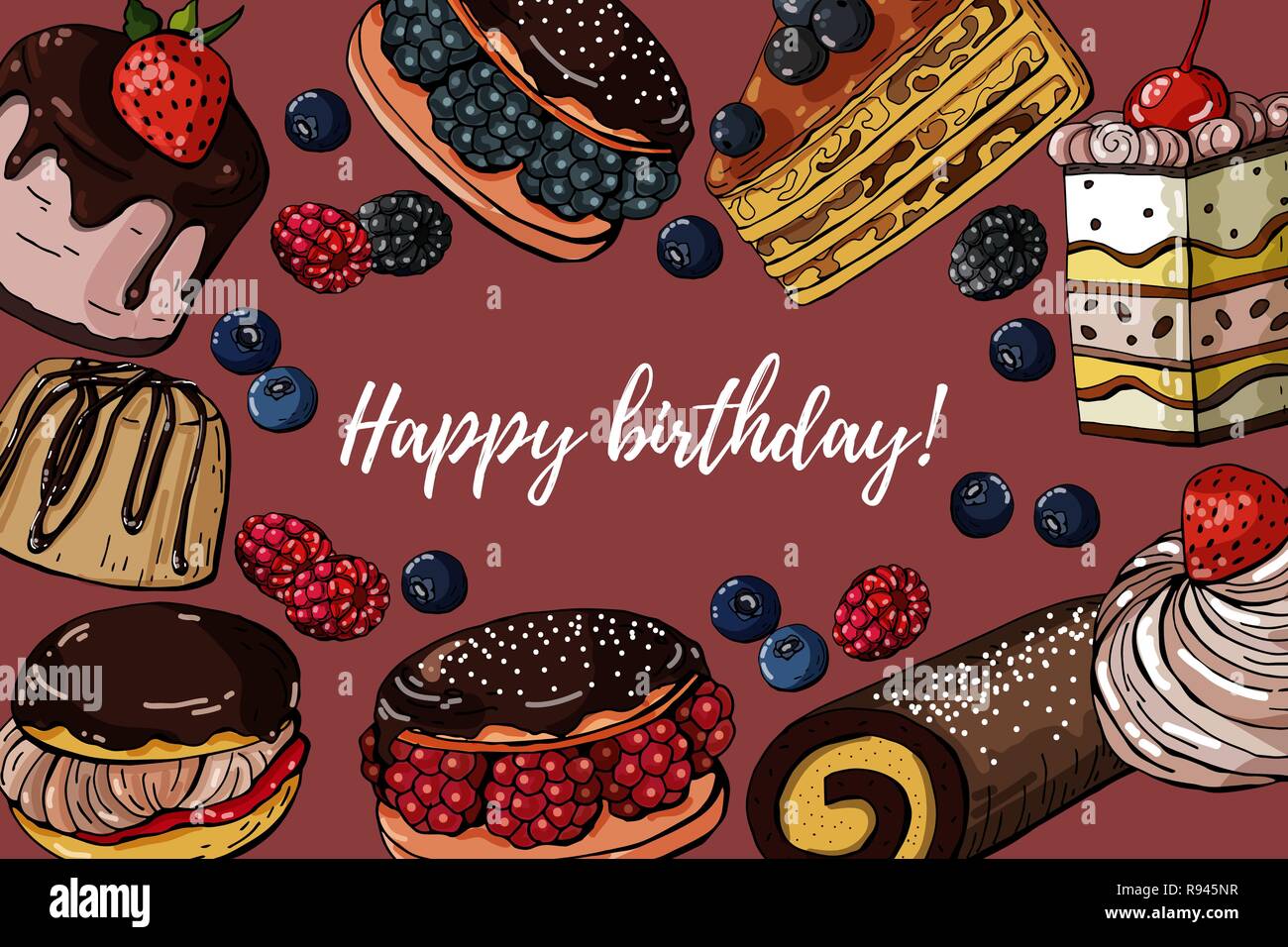 Buon compleanno vector disegnati a mano banner colorati con dolci torte, orizzontale illustrazione dello sfondo. Illustrazione Vettoriale