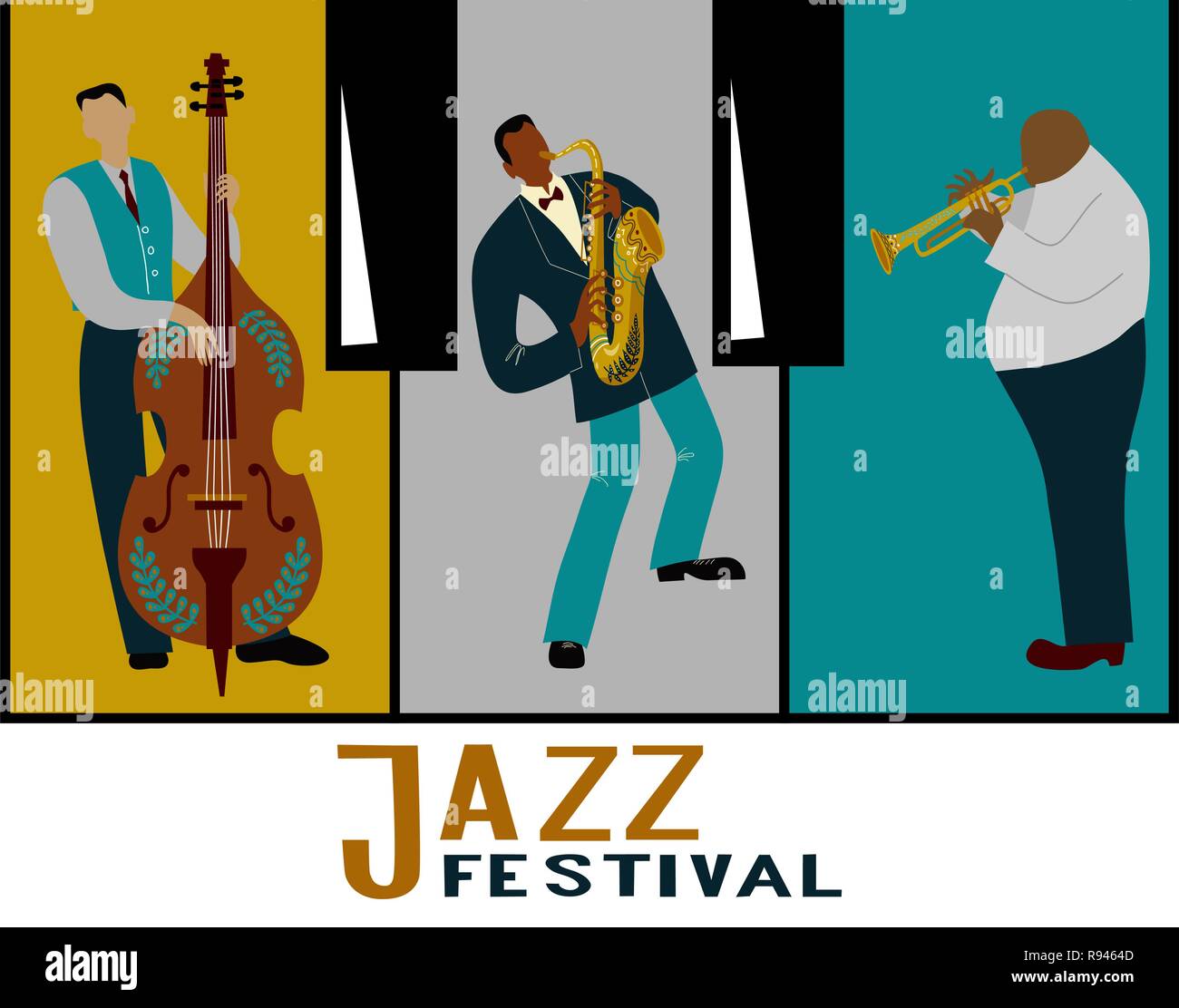 Jazz Band su uno sfondo decorativo in forma di tasti di pianoforte. Il sassofonista, trombone player ed il violoncellista suonare strumenti. Vettore illust orizzontale Illustrazione Vettoriale