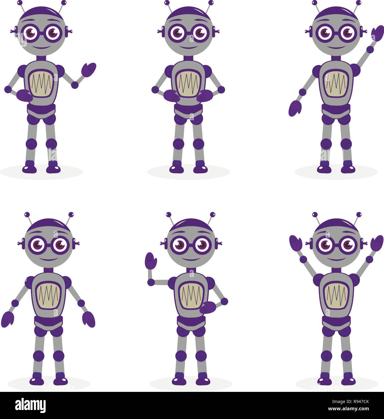 Cartoon mascotte robot set di oggetti in stile appartamento. Robot di raccolta di caratteri. Isolato su sfondo bianco. Illustrazione Vettoriale. Illustrazione Vettoriale