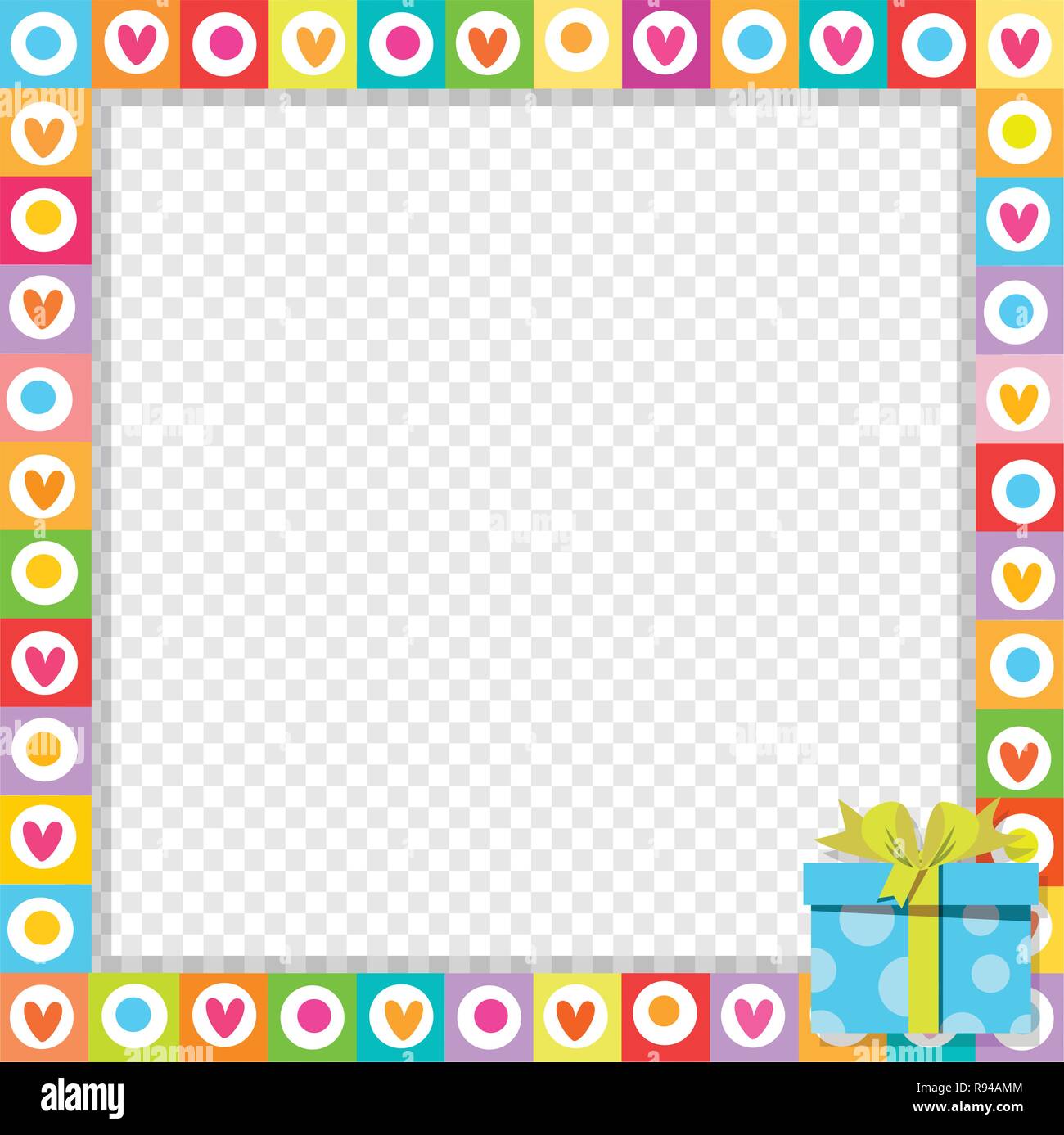 Vettore vibrante carino border photo frame fatti di doodle cuori con blue box regalo con nastro in angolo. Rainbow modello colorato con copyspace per la Val Illustrazione Vettoriale