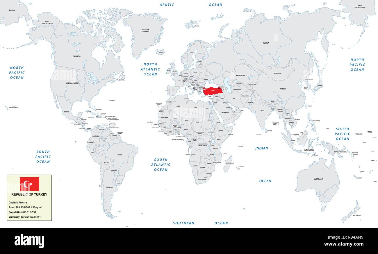 Mappa del mondo con la Repubblica di Turchia, piccola casella di informazioni e flag Illustrazione Vettoriale
