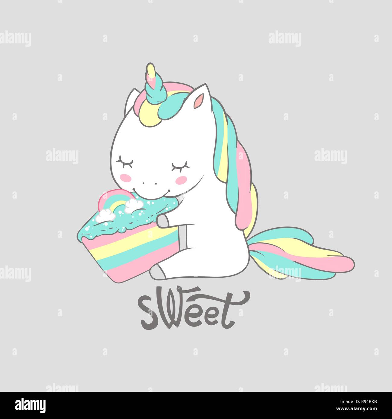 Magic Unicorn mangiare dolci torta di compleanno stampa Poster. Simpatico biglietto di auguri Modello con adorabili felice cavallo di fantasia. Può essere utilizzato per t-shirt, stampa kids moda, baby doccia invito. Vettore Illustrazione Vettoriale