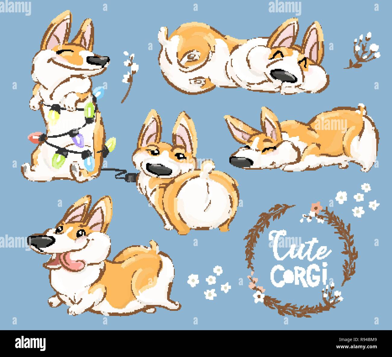 Carino Corgi cucciolo di cane vettore di giocare insieme. Funny Fox Pet Raccolta di caratteri. Awesome felice Brown Doggy isolato su sfondo blu Flat Cartoon poster di stampa Illustrazione Vettoriale