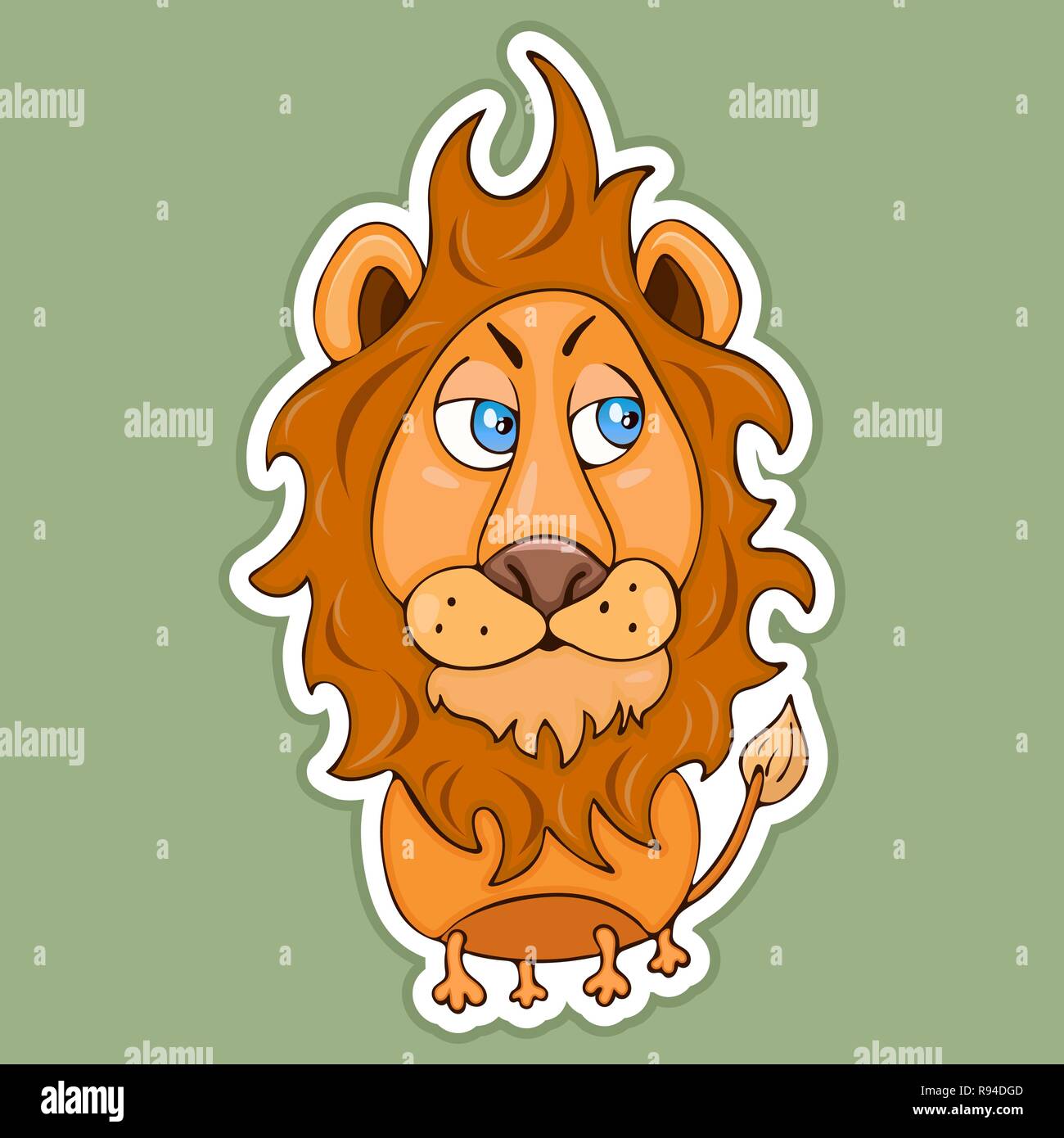 Dipinto di carino divertente lion adesivo, elemento di design, stampa colorata del disegno a mano, personaggio dei fumetti, illustrazione vettoriale, caricatura, isolato con il bianco Illustrazione Vettoriale