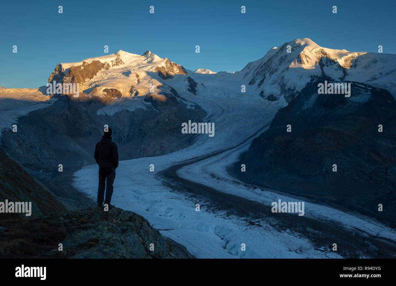 Uomo che guarda la Montaña rosa massiccio dal Gornergrat in Svizzera. Foto Stock