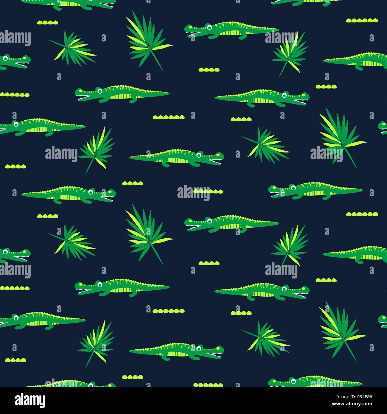 Carino di coccodrillo verde e blu kids design pattern. Illustrazione Vettoriale