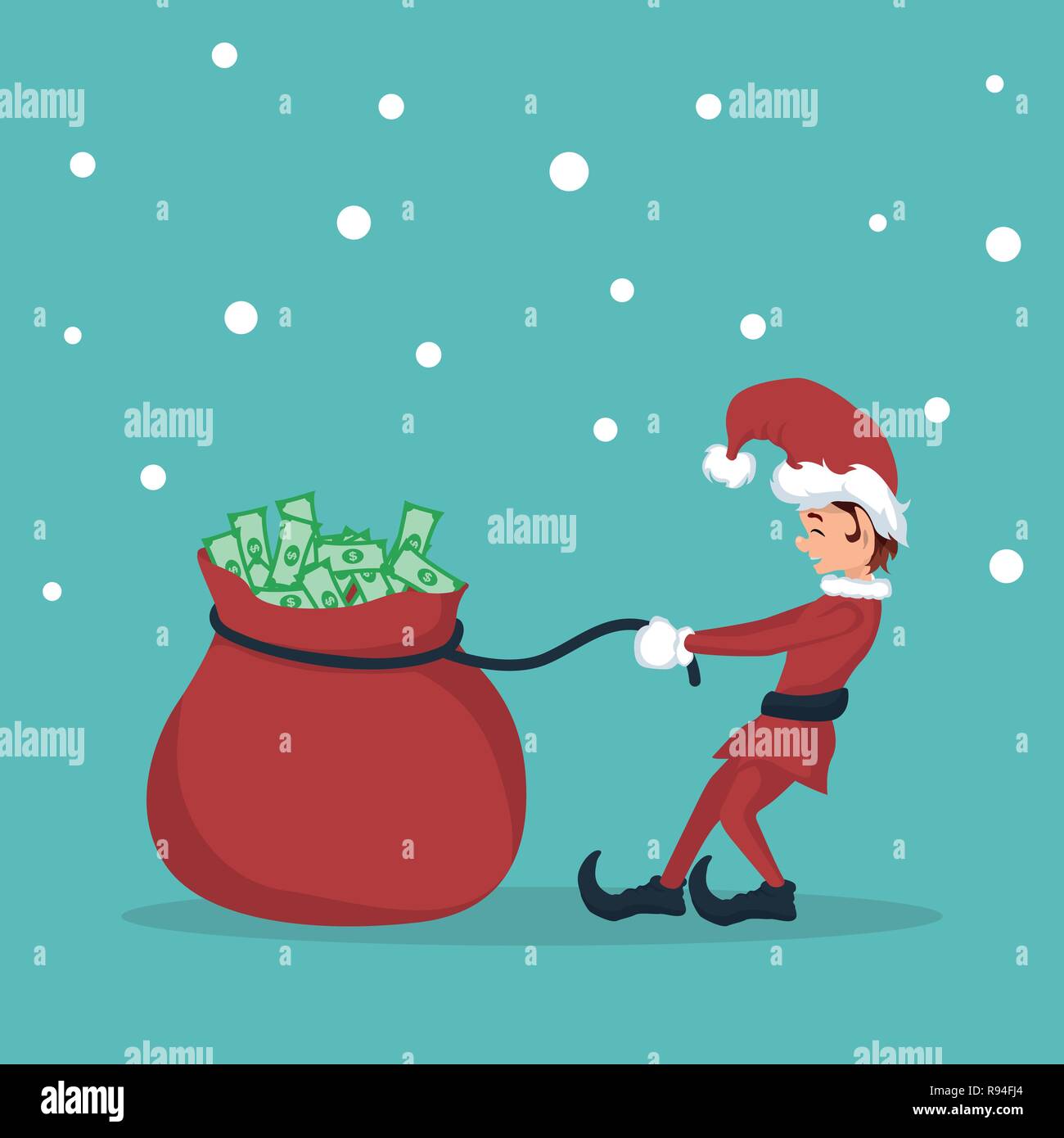 Scheda di Natale di leprechaun tirando sacchetto pieno di denaro Illustrazione Vettoriale