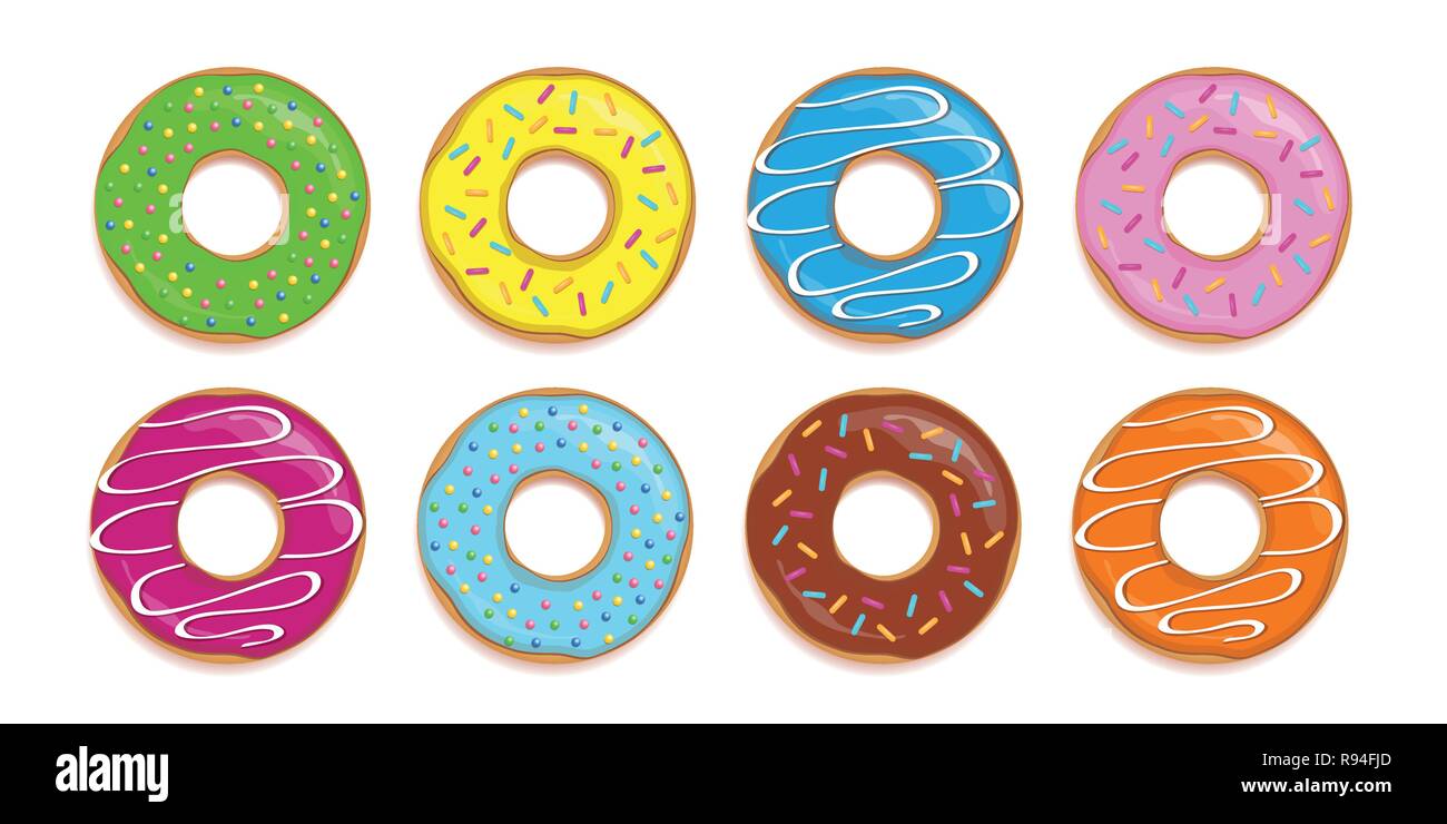 Serie di ciambelle colorate con diversi granelli di zucchero illustrazione vettoriale EPS10 Illustrazione Vettoriale