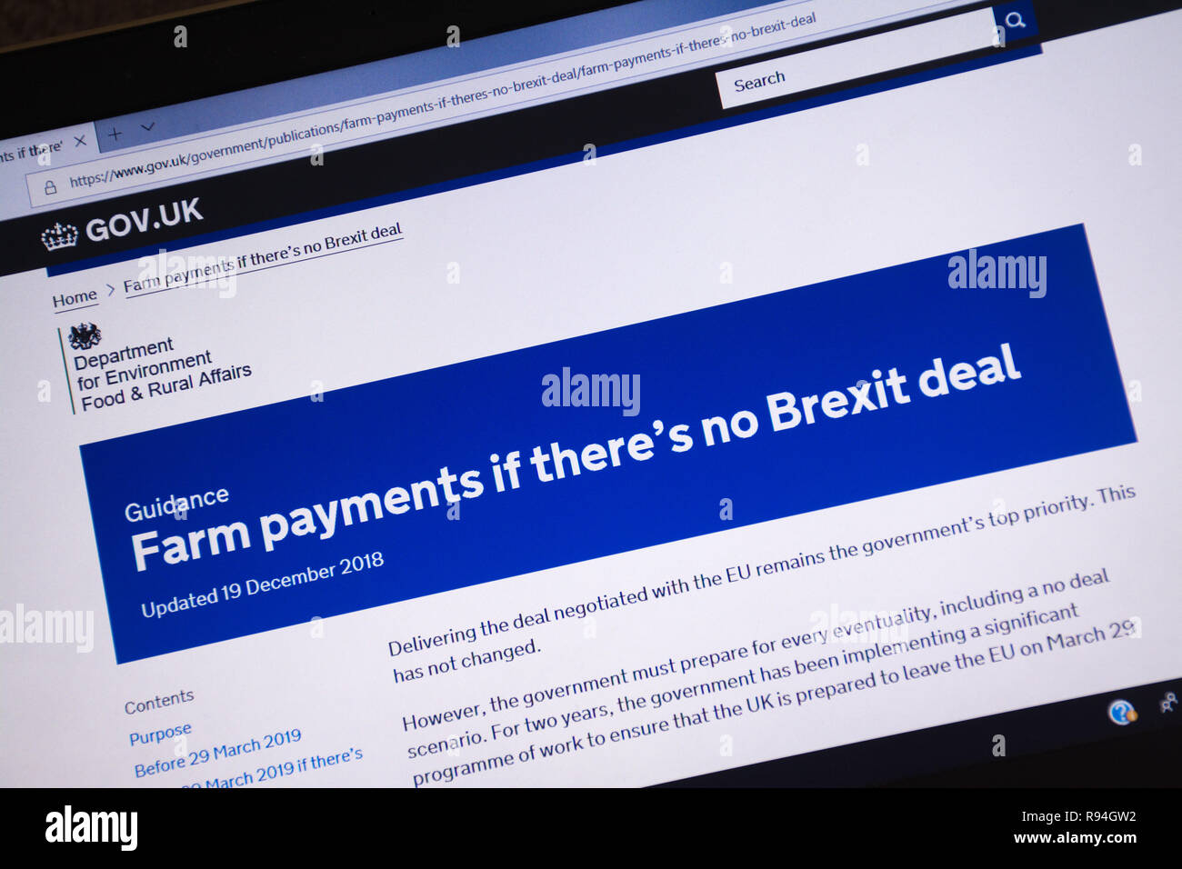 Immagine del calcolatore del gov.uk sito web che mostra informazioni e consigli circa i pagamenti alle aziende agricole se non vi è alcuna trattativa Brexit Foto Stock