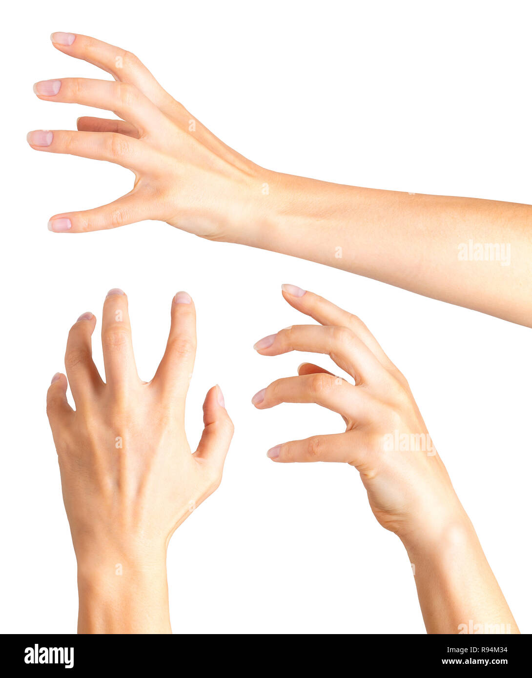 La donna le mani con le dita storte che mostra trucco magico o sfera di trattenimento Foto Stock