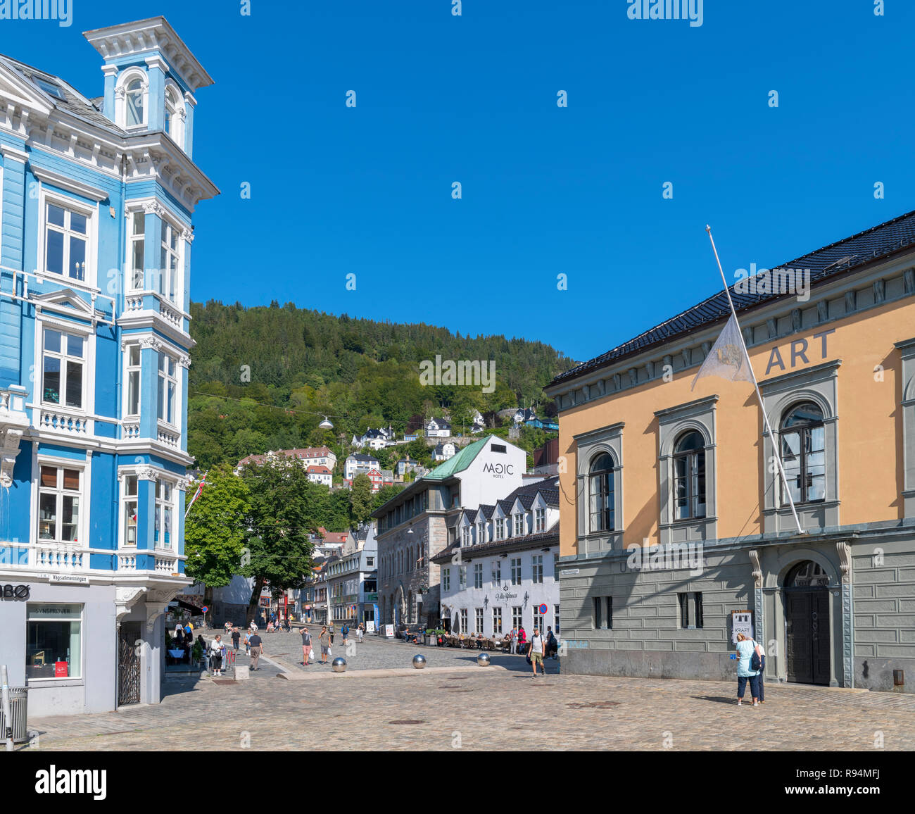 Vågsallmenningen nel centro della città, Bergen, Norvegia Foto Stock