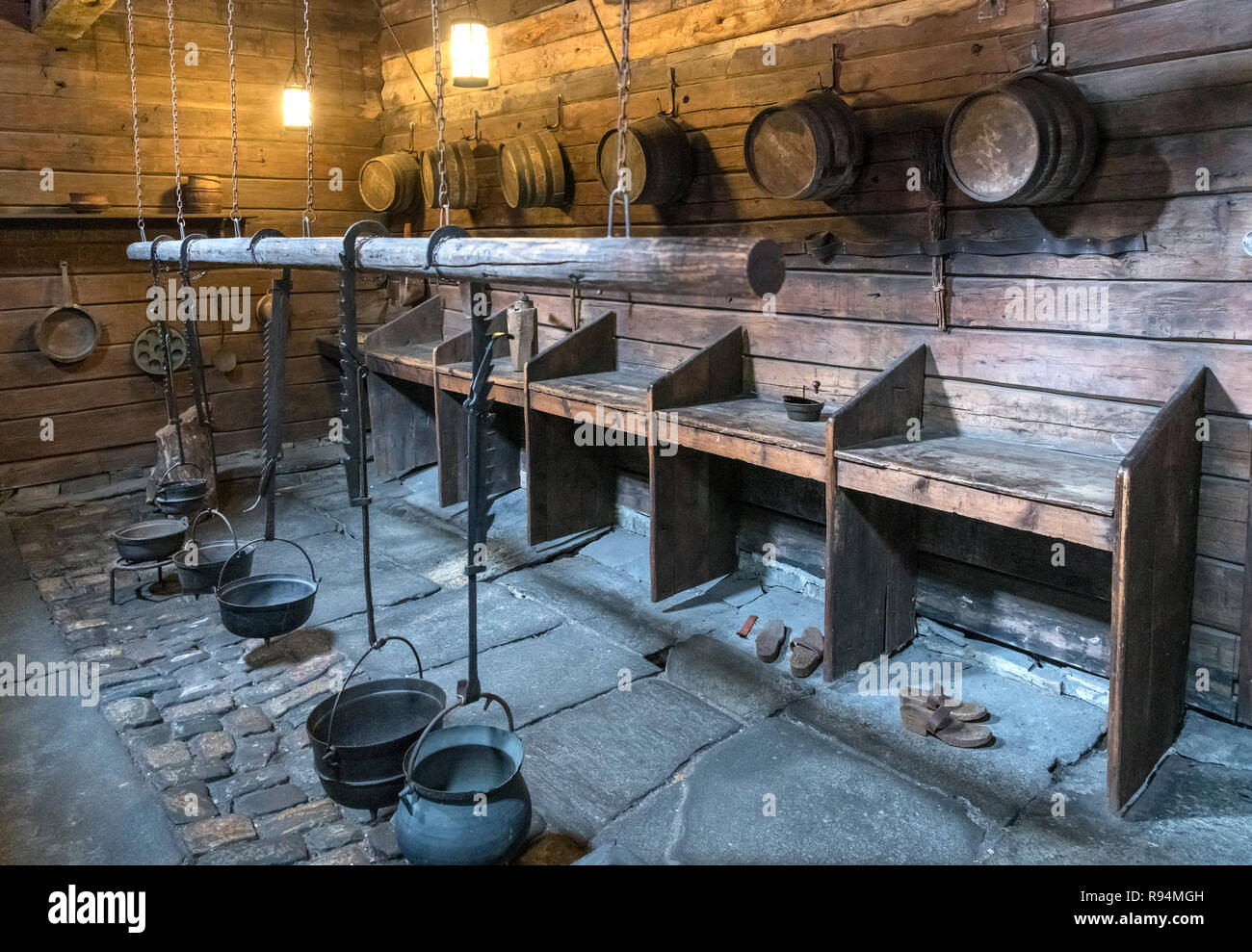La casa di cucina del Schøtstuene, una sala di riunione che fa parte del Museo anseatico (Museo Det Hanseatiske), Bergen, Westland, Norvegia Foto Stock