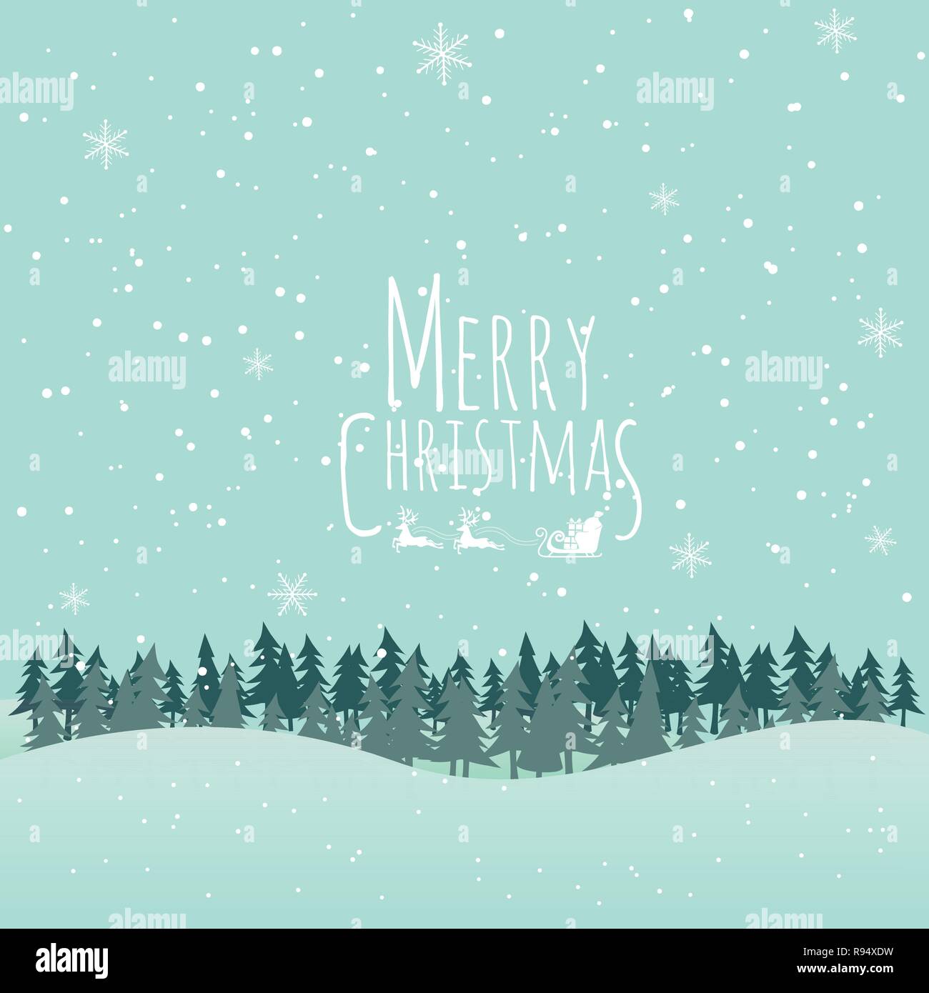 Buon Natale e felice anno nuovo tipografici lucido su sfondo di Natale con paesaggio invernale con i fiocchi di neve, luce di stelle. Buon Natale messaggio di saluto Illustrazione Vettoriale