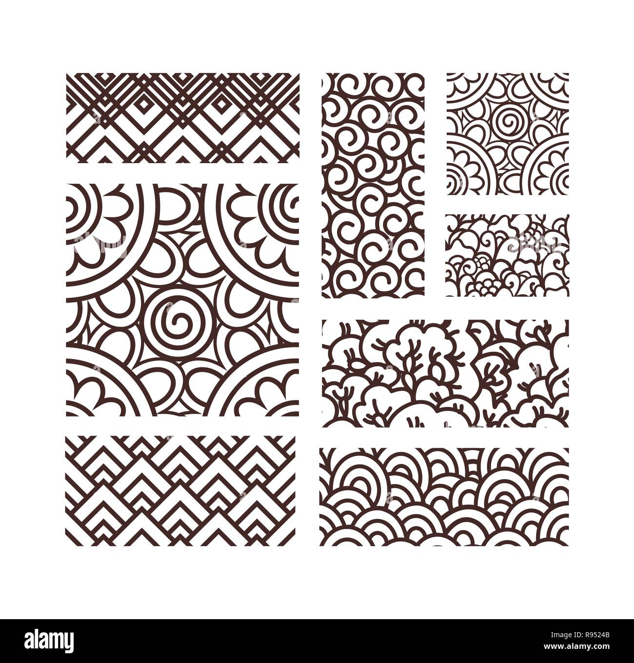 Grande collezione di antiche orientali seamless pattern seigaiha che sbocciano fiori sakura, floreale astratta geometrica e set di sfondi. Illustrazione Vettoriale