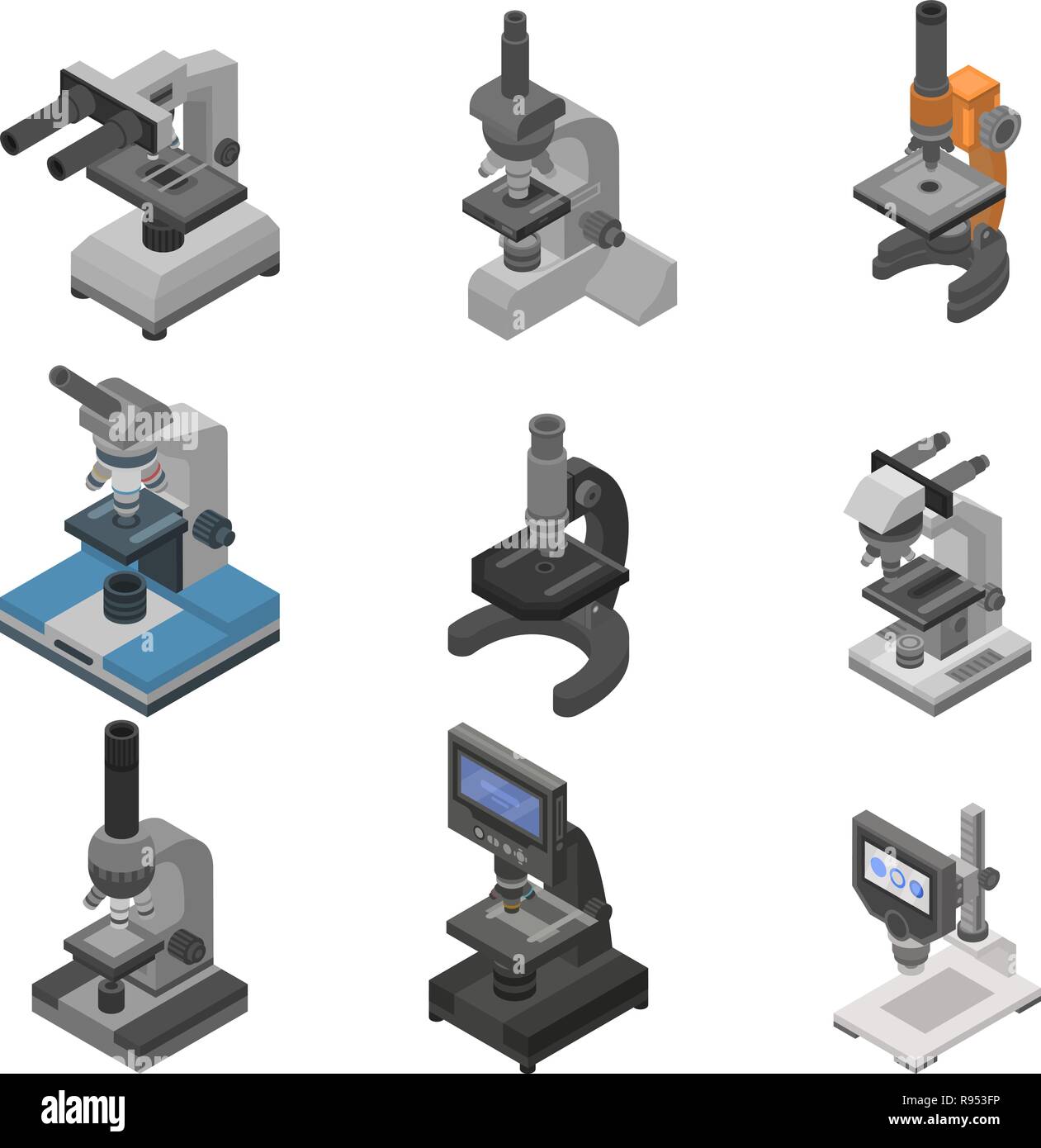 Icona di microscopio set, stile isometrico Illustrazione Vettoriale