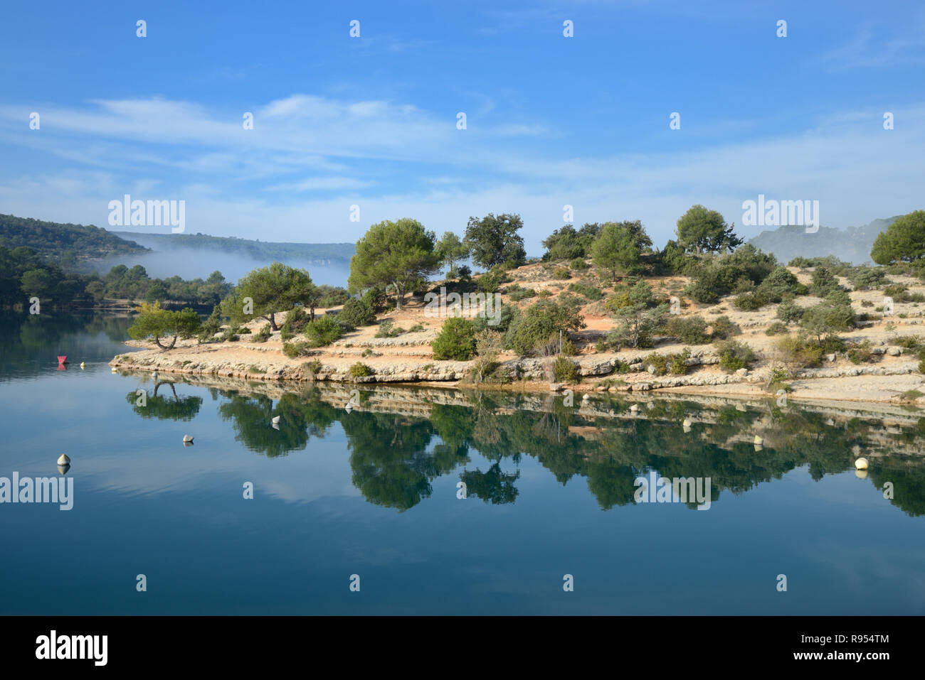 Immagine speculare di Esparron Lago con alberi si riflette ancora in acqua , Esparron-de-Verdon, Alpes-de-Haute-Provence Provence Francia Foto Stock