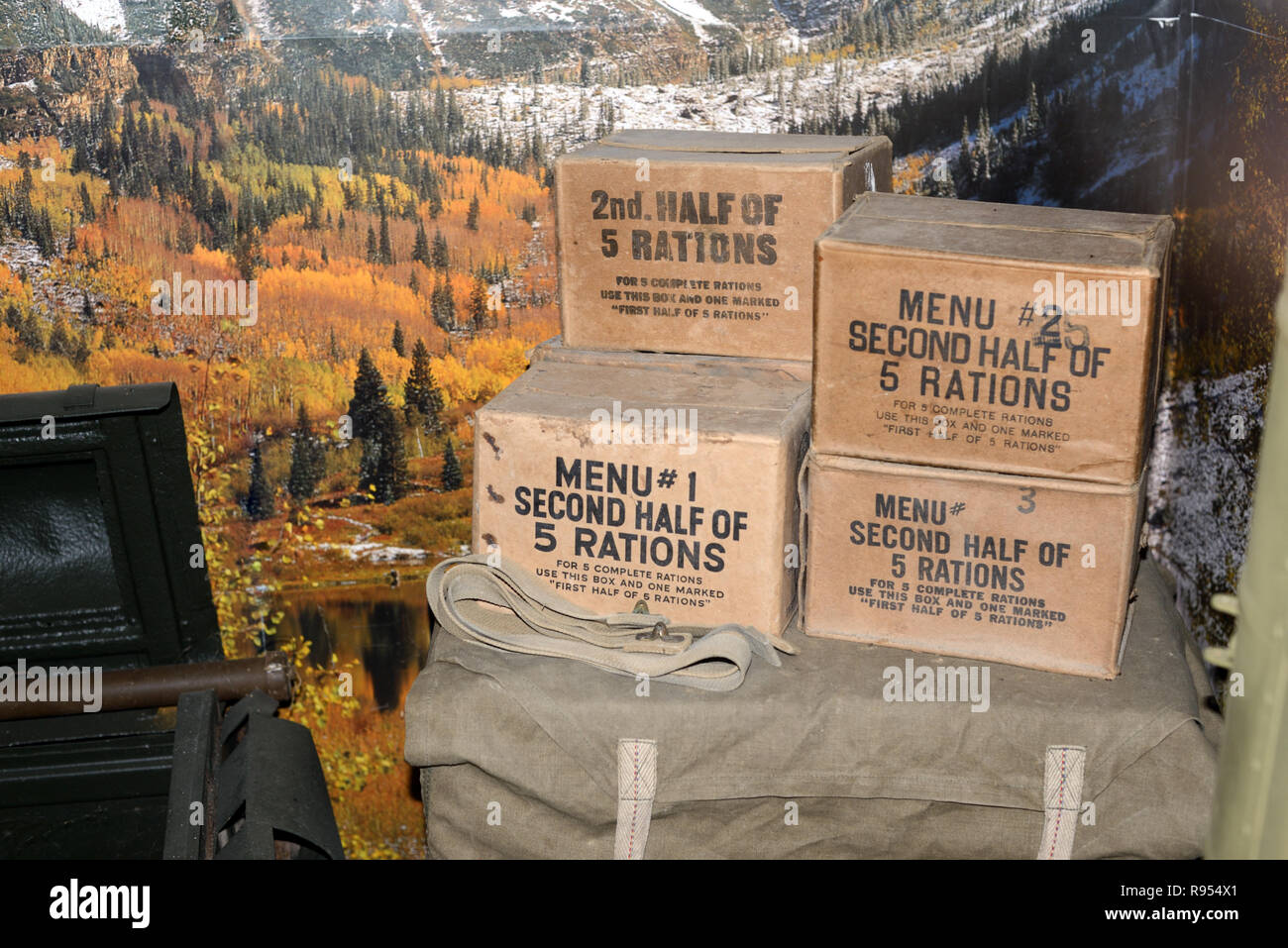 Visualizzazione della guerra mondiale due scatole di razione nel Musée de la occhiello Castellane Alpes-de-Haute-Provence Provence Francia Foto Stock
