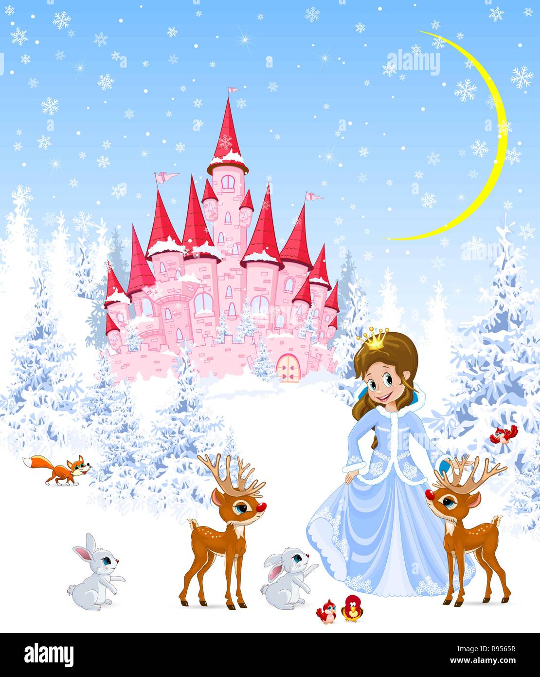 La principessa sullo sfondo di un castello rosa e bosco d'inverno. La Principessa è in piedi accanto a cervi, conigli e uccelli. Paesaggio invernale. Illustrazione Vettoriale