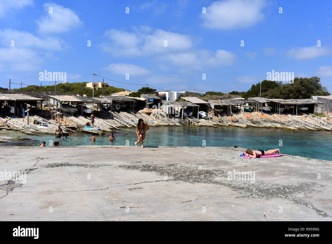 Es Calo porto naturale, Es Calo, Formentera, isole Baleari, Spagna Foto Stock