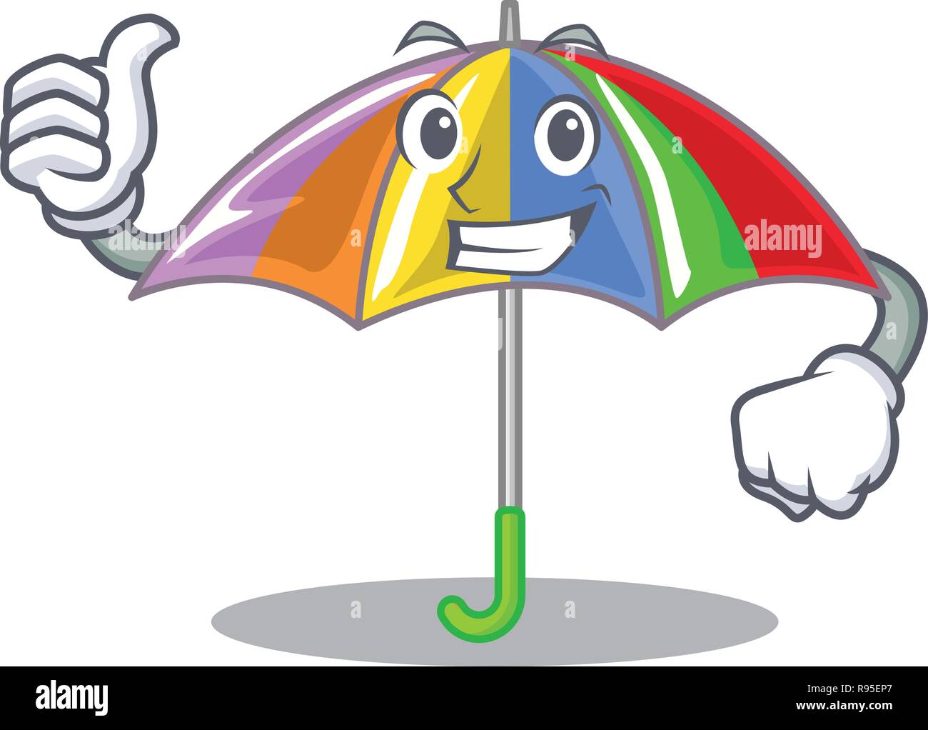 Thumbs up ombrello arcobaleno isolato su una mascotte Illustrazione Vettoriale