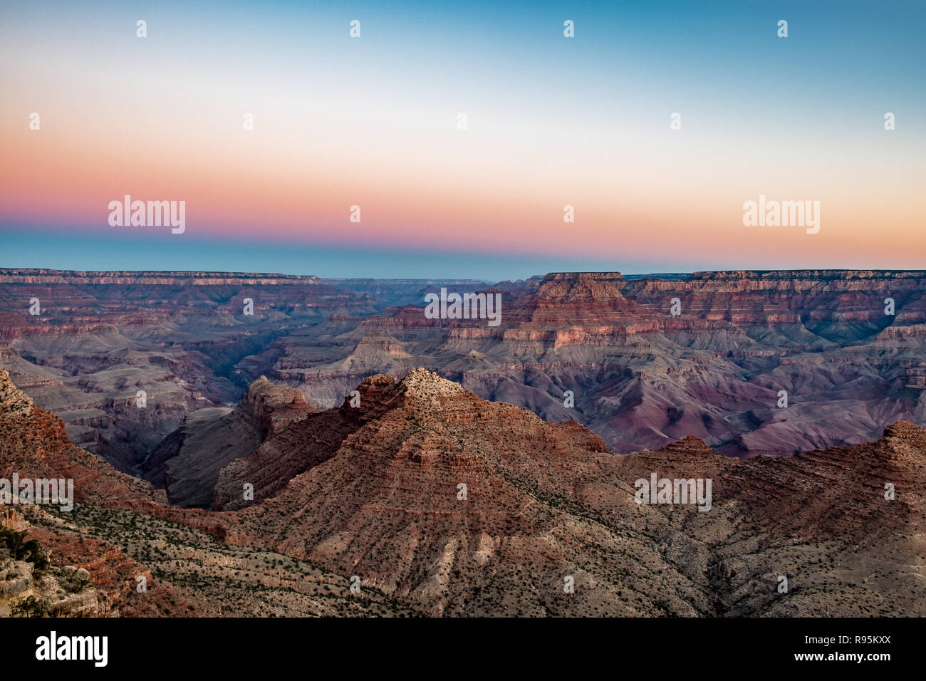 Una vista del Grand Canyon all'alba/tramonto in Arizona, Stati Uniti d'America Foto Stock