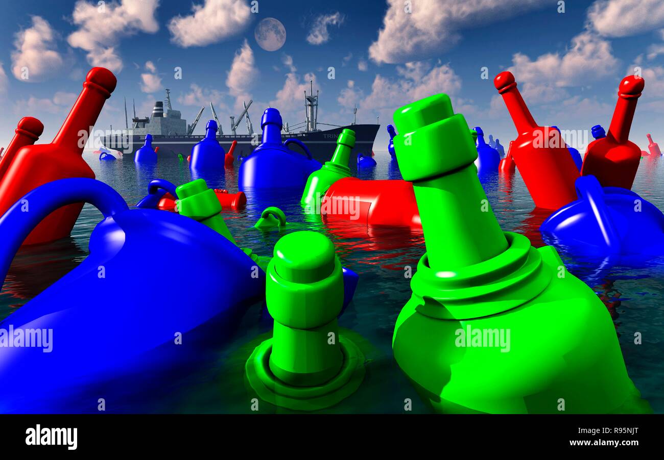 Oggetti in plastica in dumping le masse dei mari e degli oceani su scala globale. Foto Stock