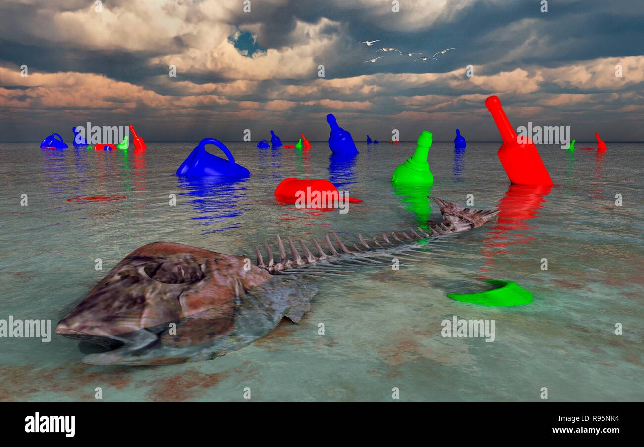 Oggetti in plastica in dumping le masse dei mari e degli oceani su scala globale. Foto Stock