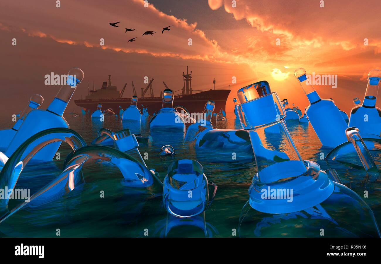 Oggetti in plastica in dumping le masse dei mari e degli oceani su scala globale. Foto Stock