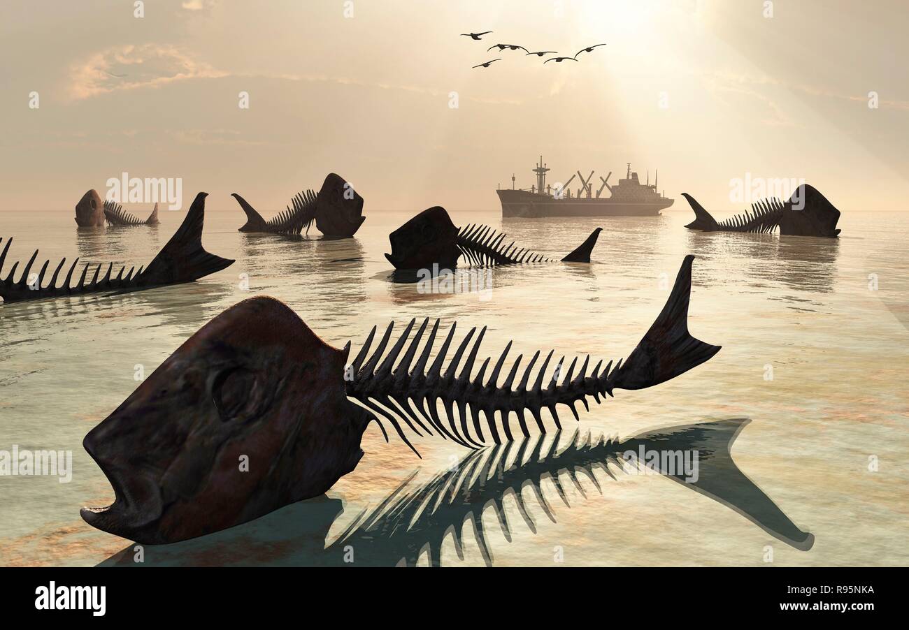 I pesci morti uccisi da inquinamento ,giacente su un asciugata mare oceano o letto. Foto Stock