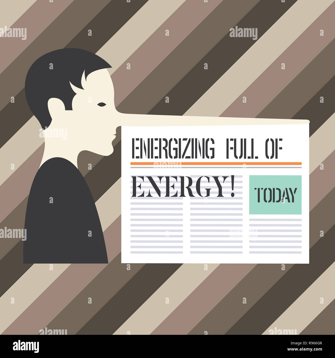 La grafia la scrittura di testo eccitando pieno di energia. Concetto significato focalizzata eccitato pieno di potenza motivati con un uomo molto il naso lungo come Pinocchio Foto Stock