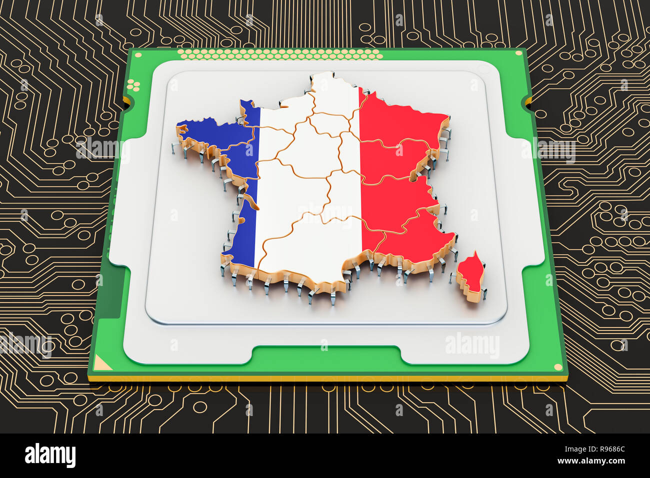 CPU processore per computer con unità di bandiera della Francia, rendering 3D Foto Stock