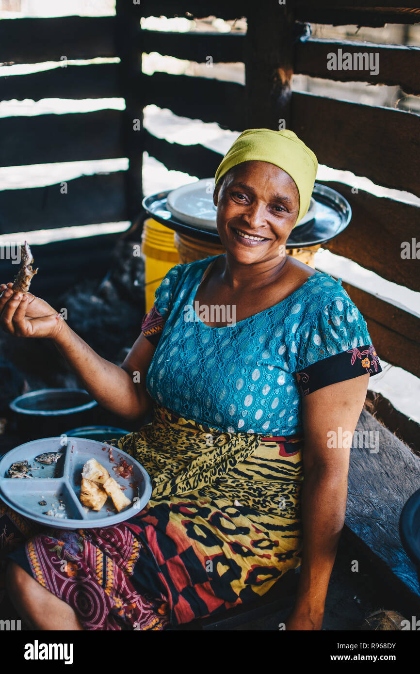 Donna di vendita del pesce in Tanzania Foto Stock