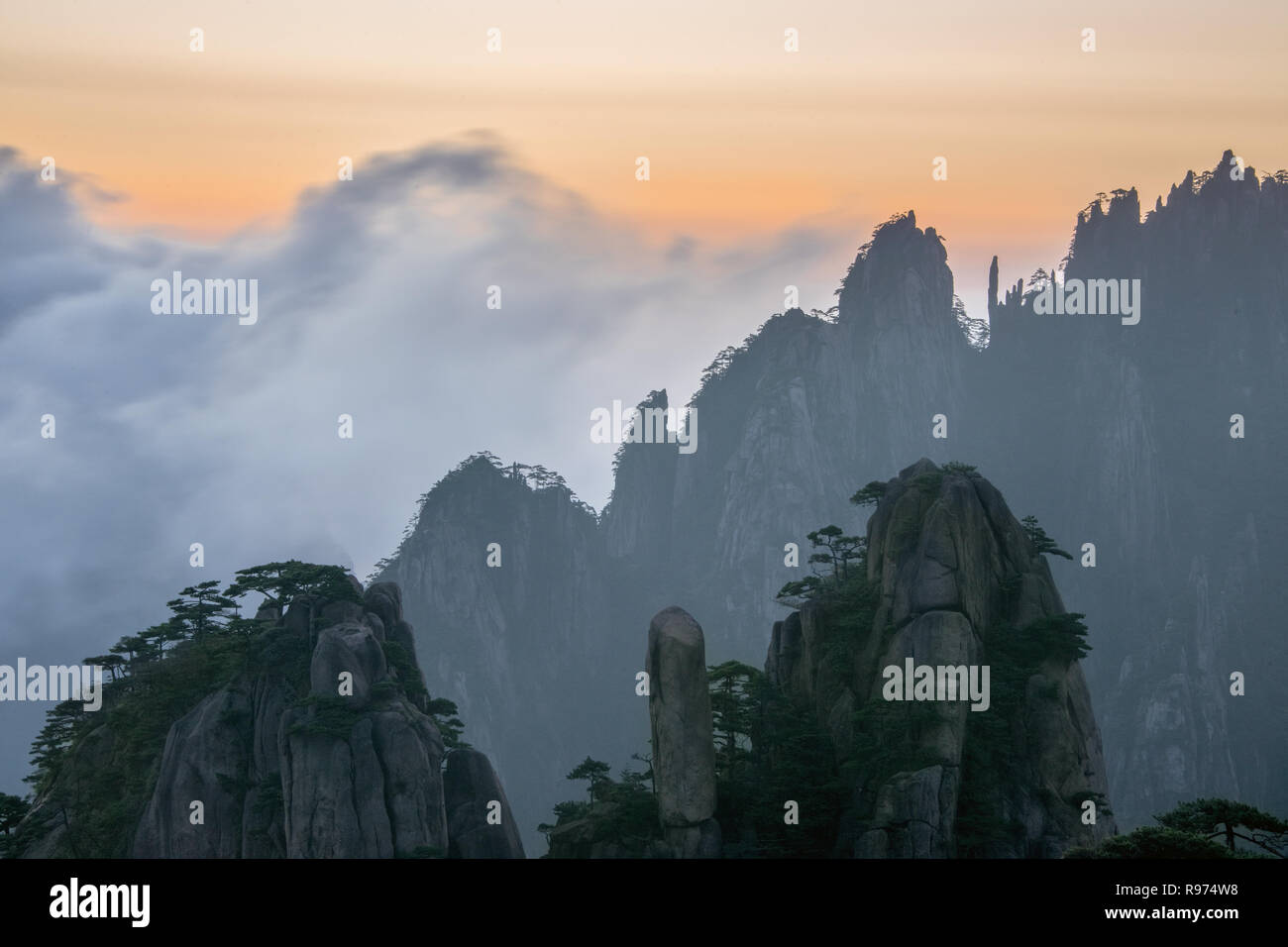 Colonne di granito e soffiando nuvole a sunrise, Huangshan Anhui, Cina Foto Stock