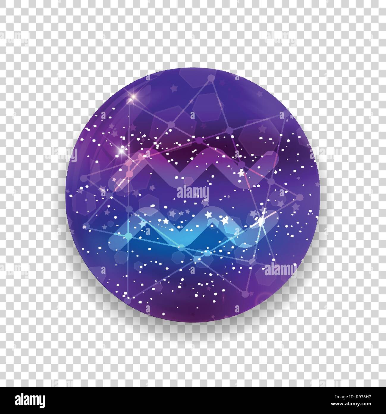 Aquarius segno zodiacale e costellazione sul cosmica cielo viola con stelle luccicanti e nebula isolato su sfondo trasparente. Vettore icona al neon, web Illustrazione Vettoriale