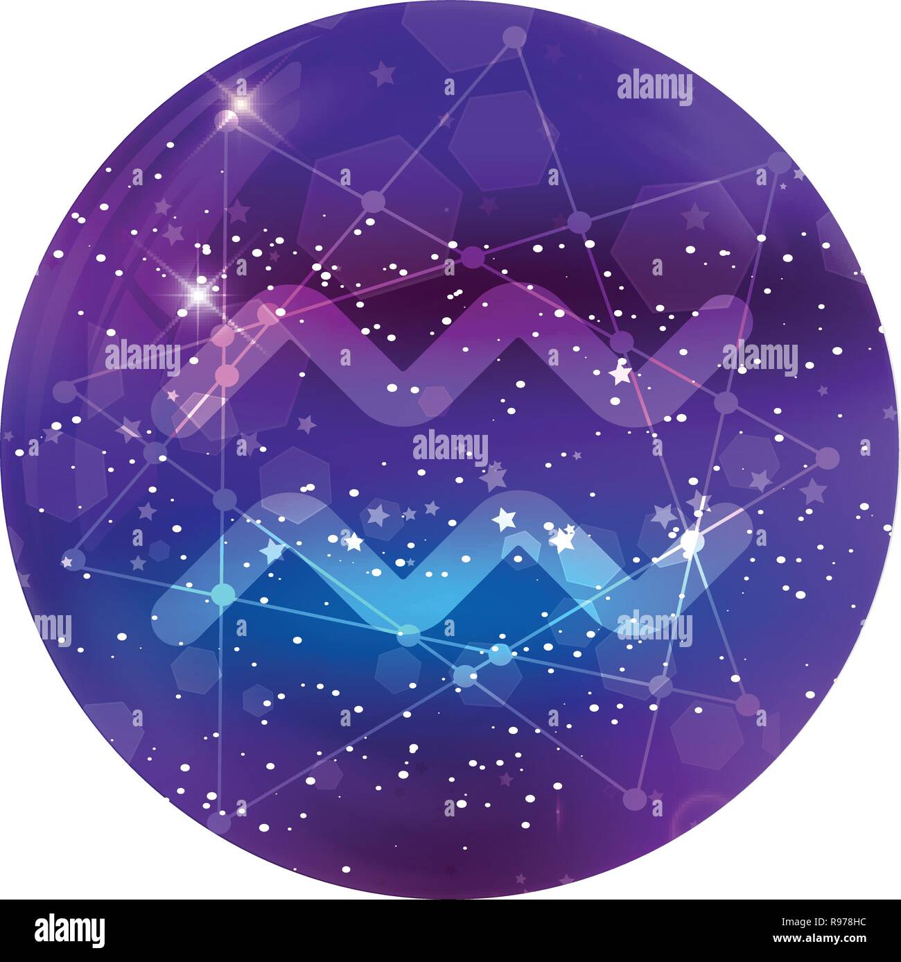 Aquarius segno zodiacale e costellazione sul cosmica cielo viola con stelle luccicanti e nebula isolati su sfondo bianco. Neon vettore icona del design, web Illustrazione Vettoriale