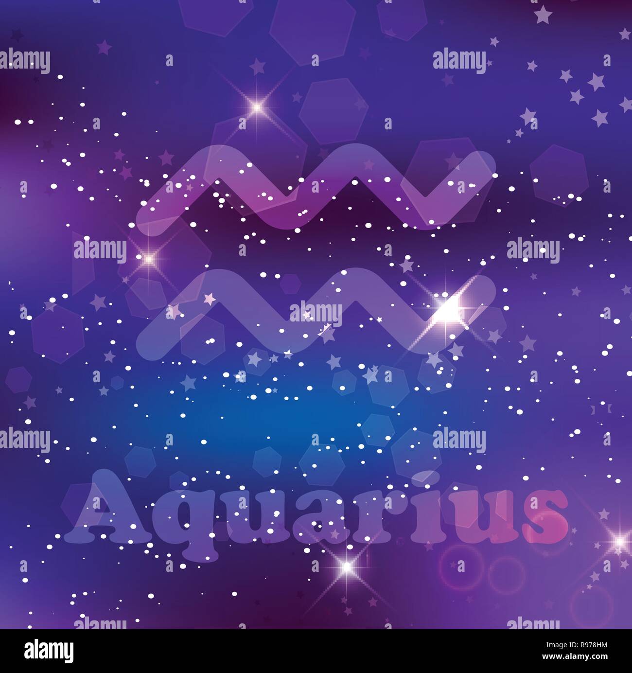 Aquarius segno zodiacale e costellazione su una cosmic blu scuro dello sfondo viola con stelle luccicanti e nebulosa. Illustrazione Vettoriale, banner, poster, auto Illustrazione Vettoriale