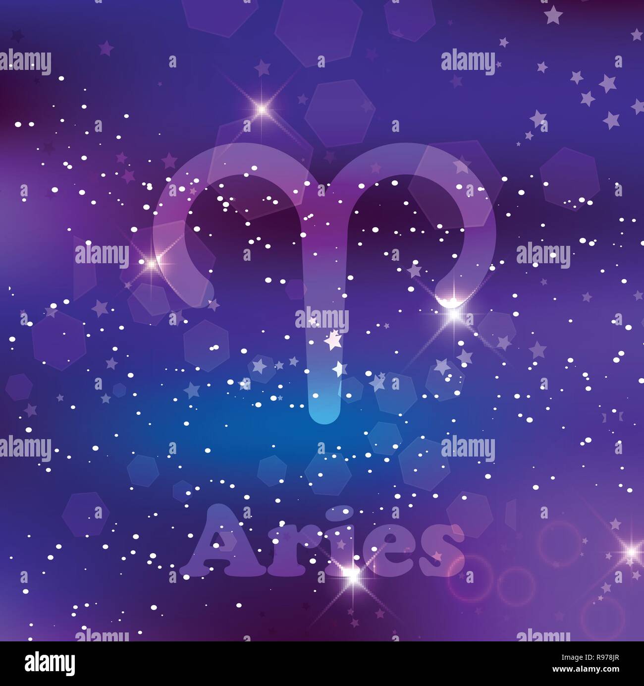 Ariete segno zodiacale e costellazione sul cosmica sfondo viola con stelle luccicanti e nebulosa. Illustrazione Vettoriale, banner, poster, scheda RAM. Spazio, Illustrazione Vettoriale