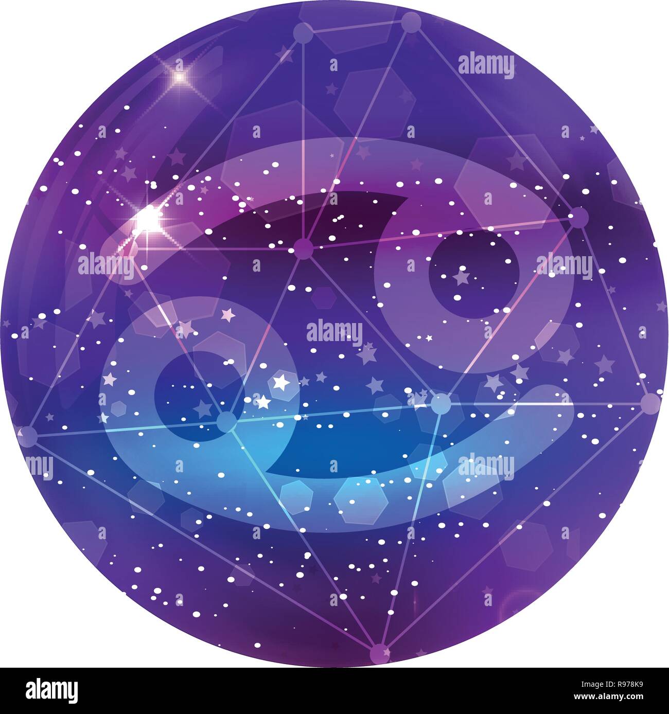 Il cancro segno zodiacale e costellazione sul cosmica cielo viola con stelle luccicanti e nebula isolati su sfondo bianco. Vettore icona al neon, pulsante WEB, Illustrazione Vettoriale