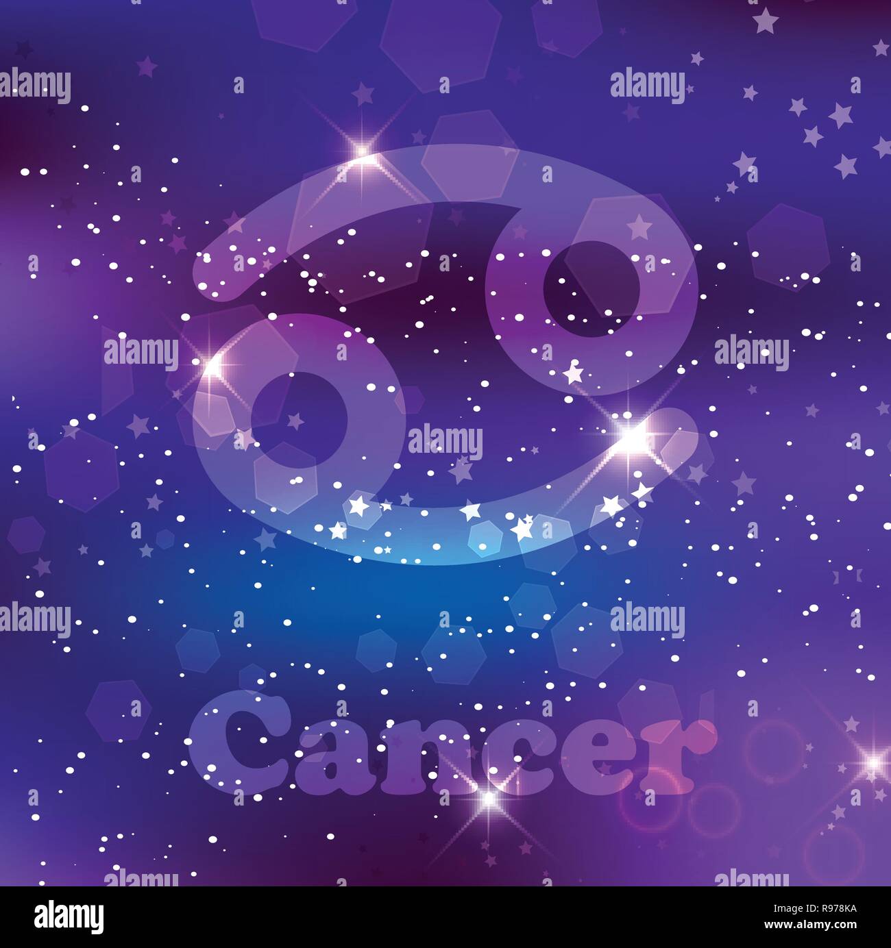 Il cancro segno zodiacale e costellazione sul cosmica sfondo viola con stelle luccicanti e nebulosa. Illustrazione Vettoriale, banner, poster, scheda di granchio. Spac Illustrazione Vettoriale