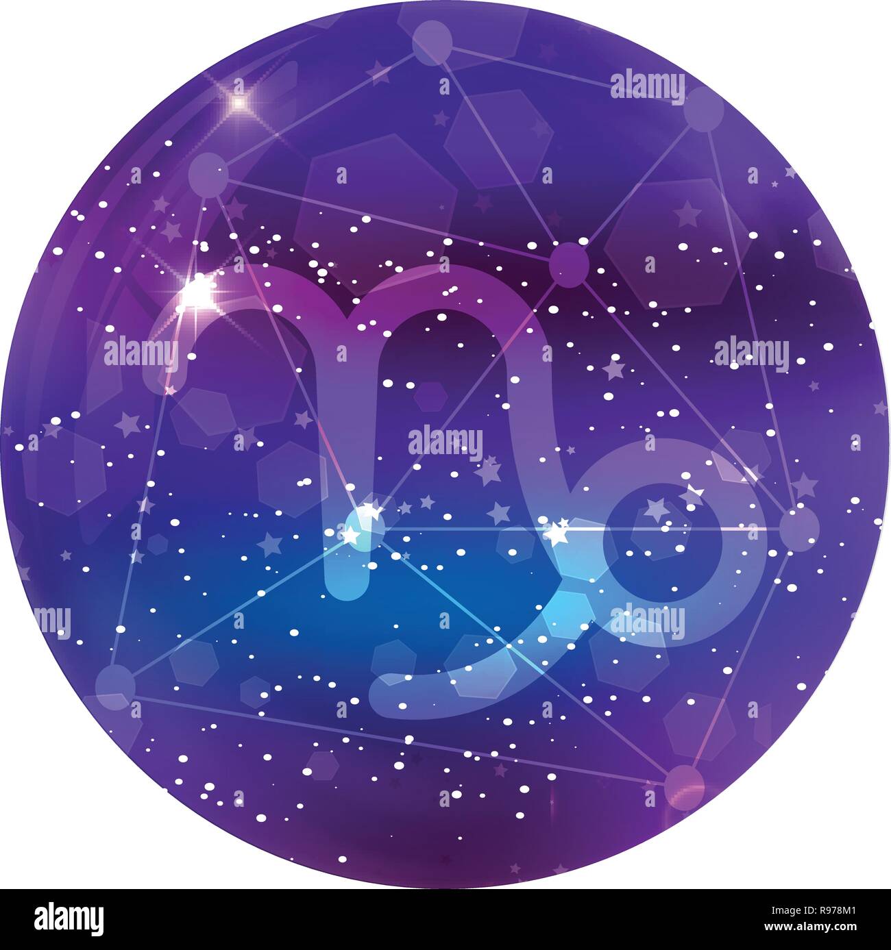 Capricorno segno zodiacale e costellazione sul cosmica cielo viola con stelle luccicanti e nebula isolati su sfondo bianco. Vettore icona al neon, web butto Illustrazione Vettoriale