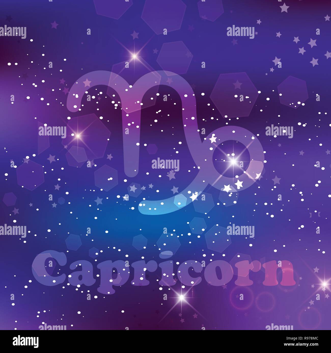 Capricorno segno zodiacale e costellazione sul fondo cosmico con stelle luccicanti e nebulosa. Illustrazione Vettoriale, banner, poster, scheda di capra. Spazio, AST Illustrazione Vettoriale