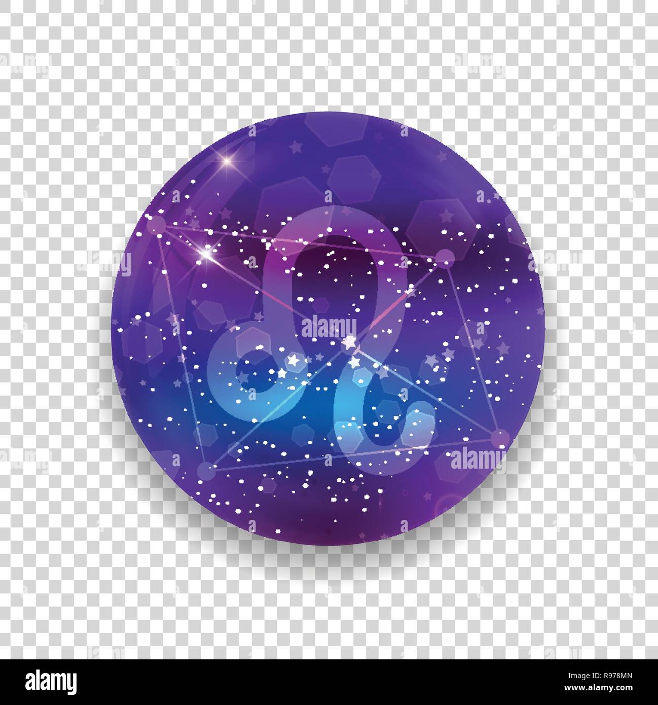 Leone segno zodiacale e costellazione sul cosmica cielo viola con stelle luccicanti e nebula isolato su sfondo trasparente. Vettore icona al neon, web butto Illustrazione Vettoriale