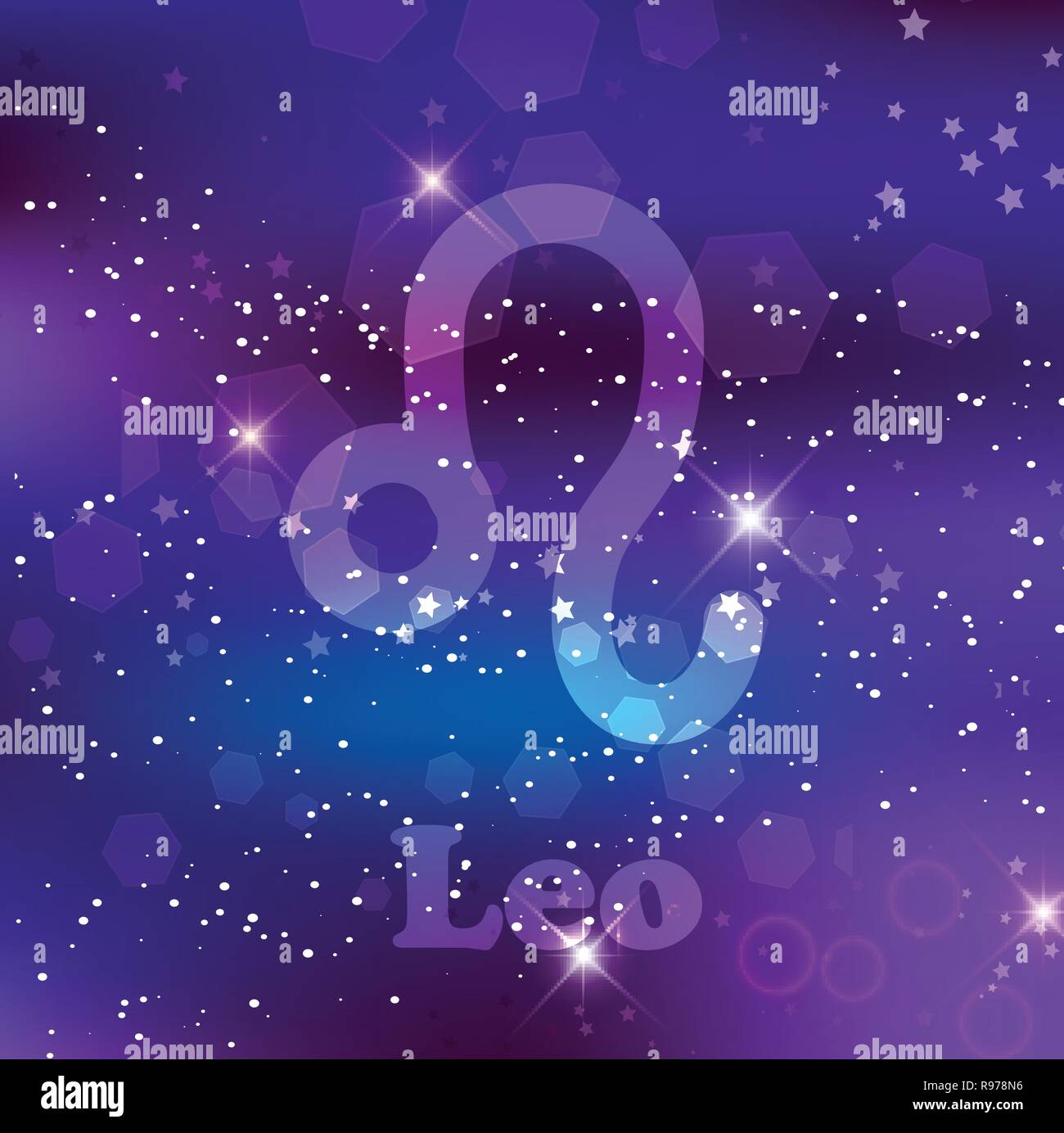 Lion segno zodiacale e costellazione sul cosmica sfondo viola con stelle luccicanti e nebulosa. Illustrazione Vettoriale, banner, poster, Leo card. Spazio, Illustrazione Vettoriale