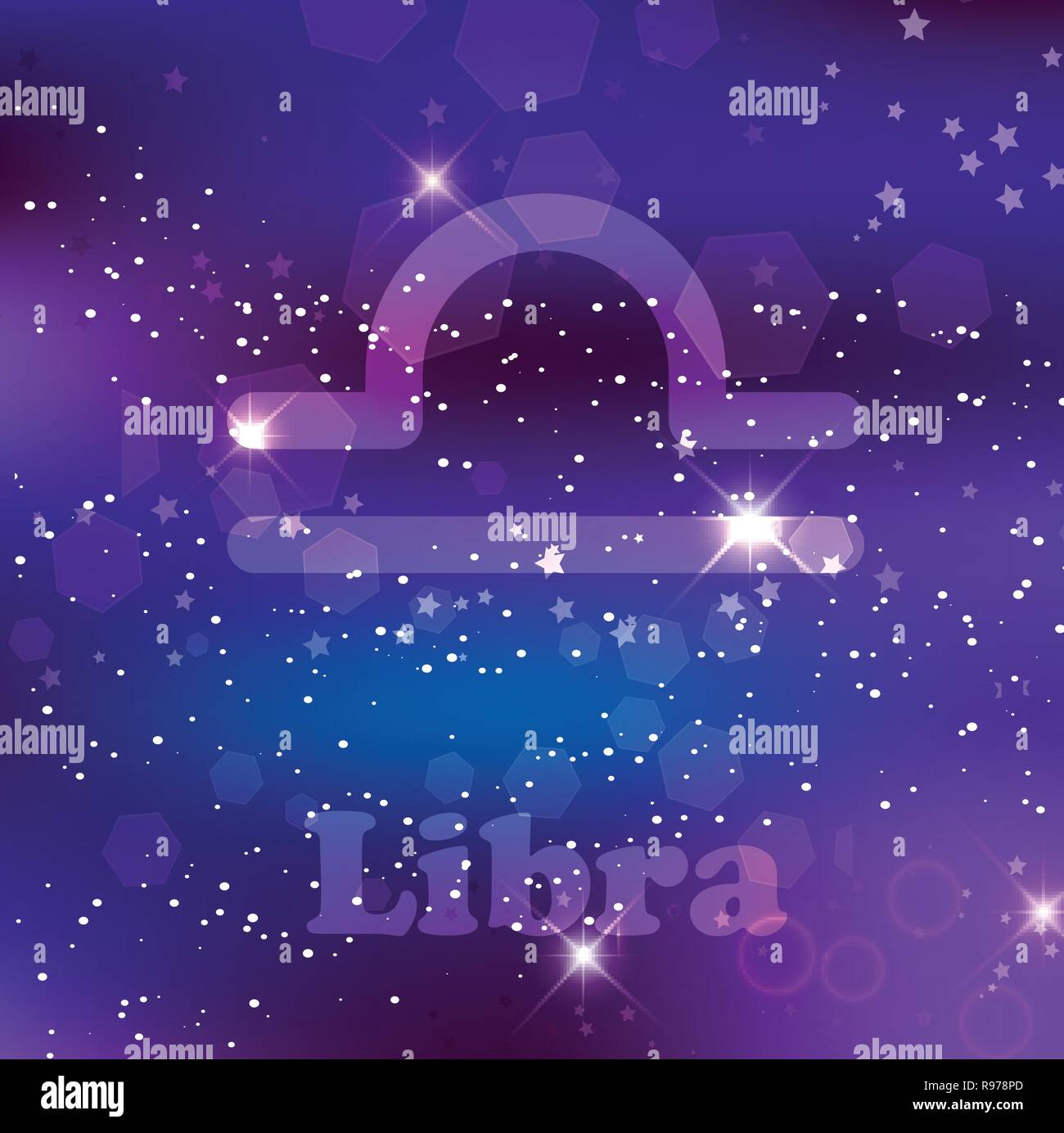 Bilancia segno zodiacale e costellazione sul cosmica sfondo viola con stelle luccicanti e nebulosa. Illustrazione Vettoriale, banner, poster, bilance card. Spazio Illustrazione Vettoriale