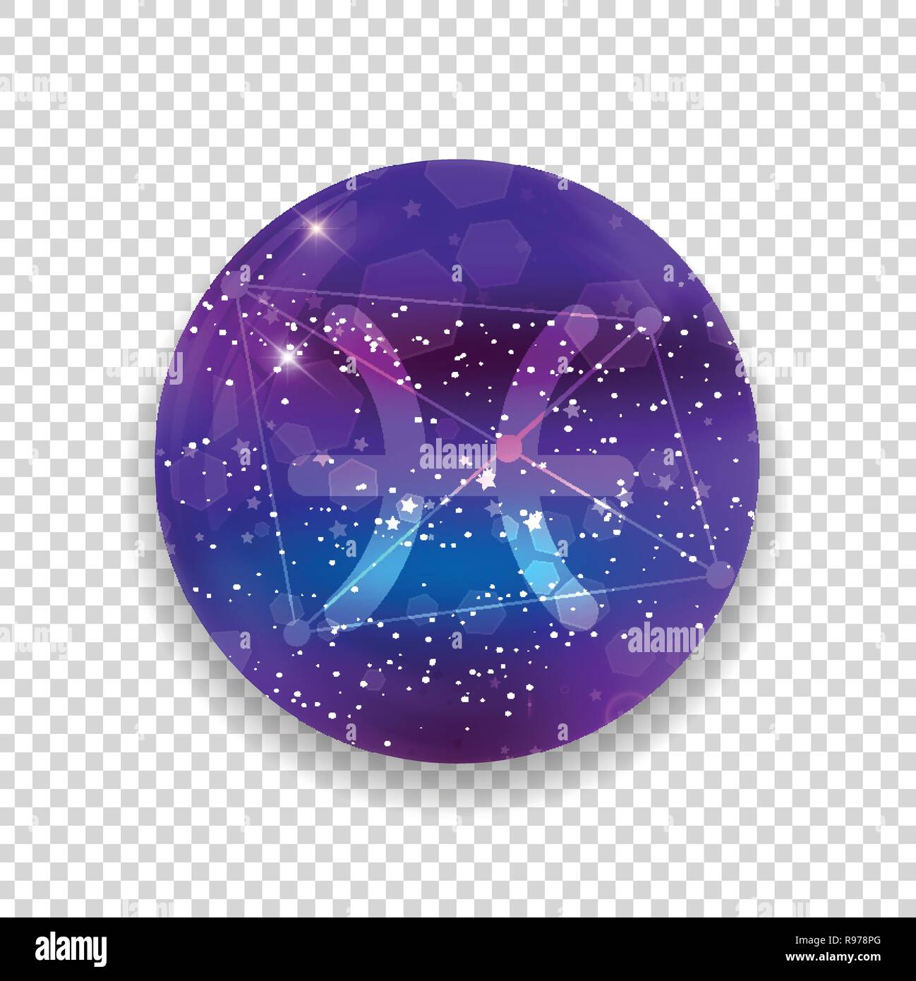 Pesci segno zodiacale e costellazione sul cosmica cielo viola con stelle luccicanti e nebula isolato su sfondo trasparente. Vettore icona al neon, web bu Illustrazione Vettoriale