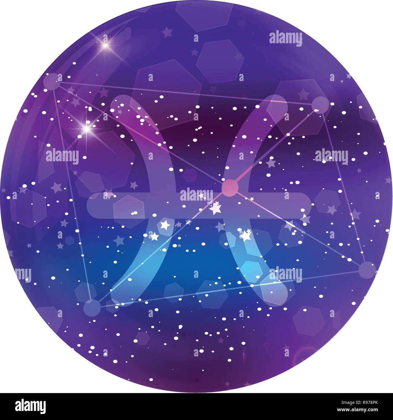 Pesci segno zodiacale e costellazione sul cosmica cielo viola con stelle luccicanti e nebula isolati su sfondo bianco. Vettore icona al neon, pulsante WEB, Illustrazione Vettoriale