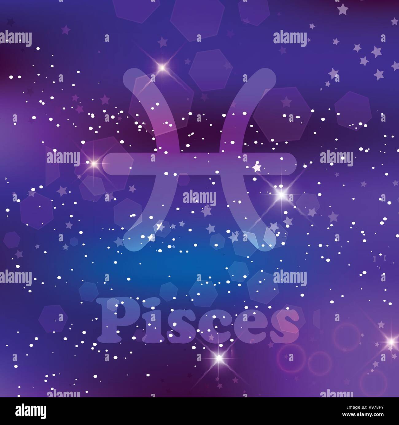 Pesci segno zodiacale e costellazione sul cosmica sfondo viola con stelle luccicanti e nebulosa. Illustrazione Vettoriale, banner, poster, pesce card. Spac Illustrazione Vettoriale