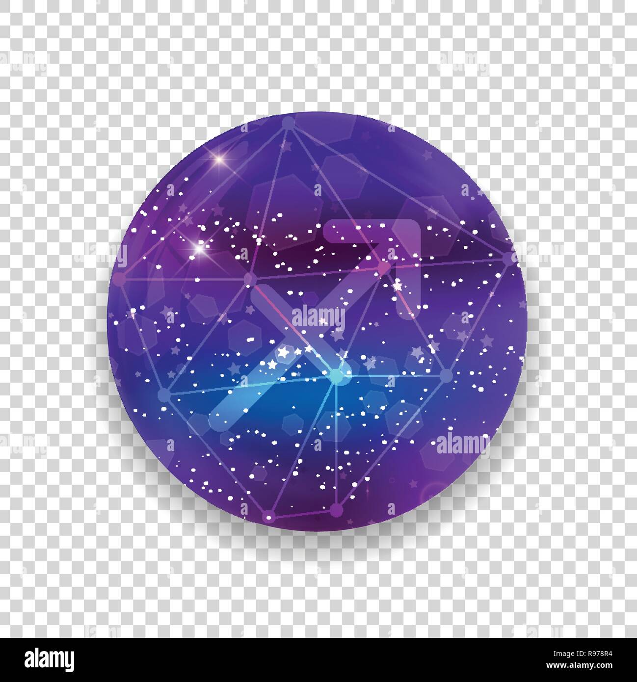 Sagittario segno zodiacale e costellazione sul cosmica cielo viola con stelle luccicanti e nebula isolato su sfondo trasparente. Vettore icona al neon, w Illustrazione Vettoriale