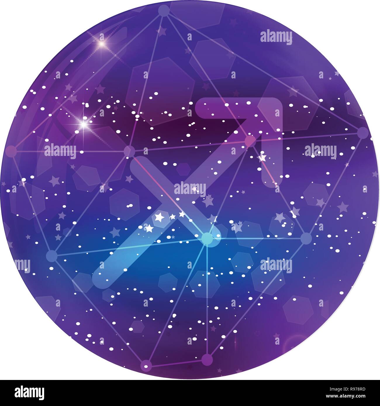 Sagittario segno zodiacale e costellazione sul cosmica cielo viola con stelle luccicanti e nebula isolati su sfondo bianco. Vettore icona al neon, web ma Illustrazione Vettoriale